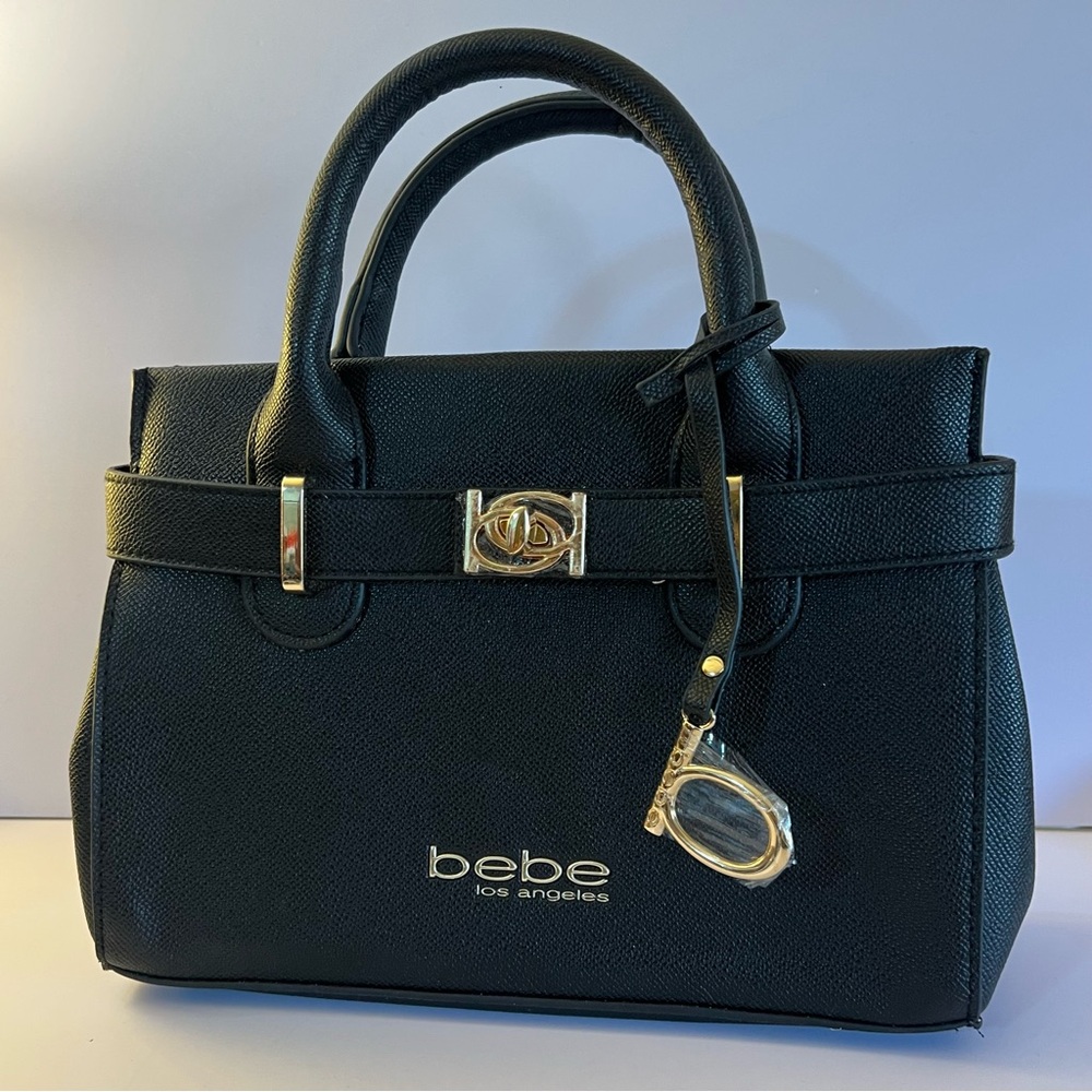 🆕Bebe Los Angeles Structured Black Handbag w/ Gold Tone Hardware & Long Strap